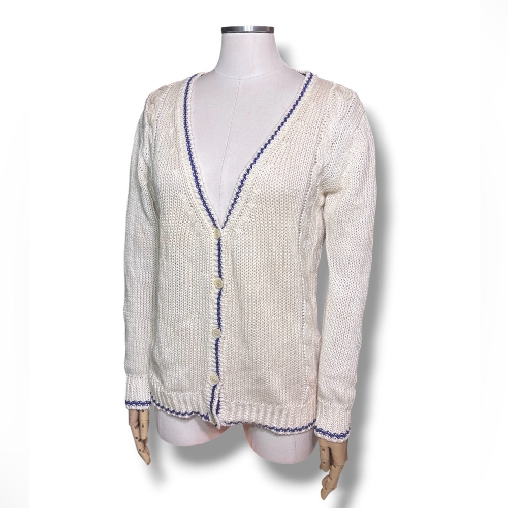 CHRISTIAN DIOR Ivory Knit Linen Blend Cardigan Purple Accent Line VINTAGE 1980s